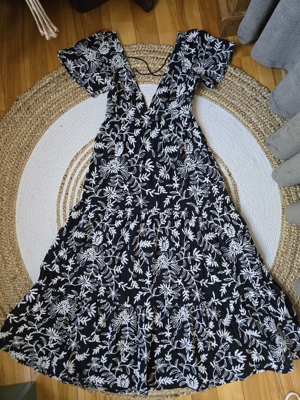 Zara Black Maxi Tiered Dress with White Floral Embroidery Bohemian Casual Summer